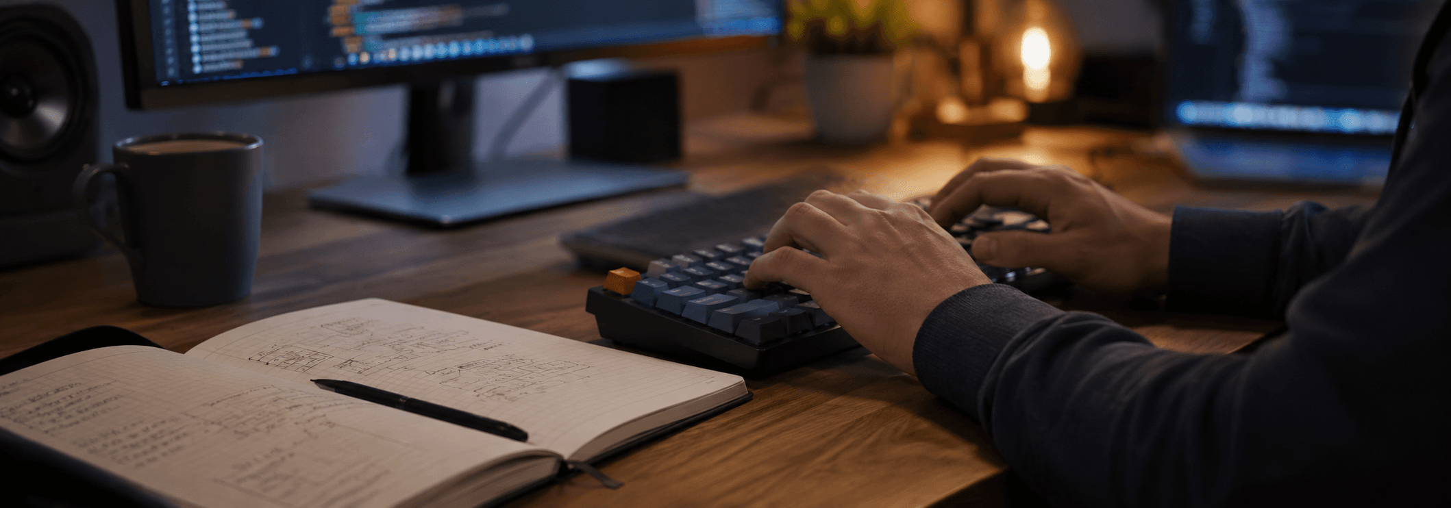 Engineer at work — code and architecture sketches